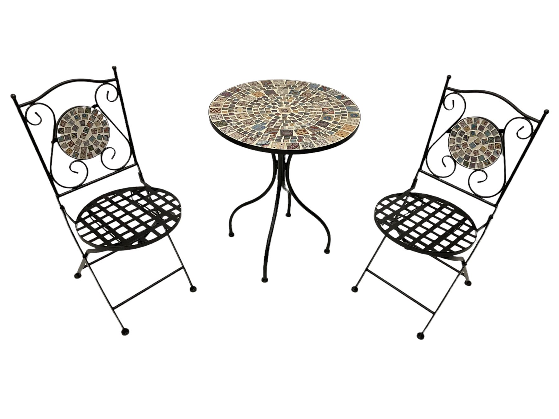 Black painted metal bistro set, circular table with mosaic top, and pair of folding chairs with mosaic panels 