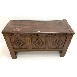 17th century oak blanket box with lozenge carved panelled front, stile supports 