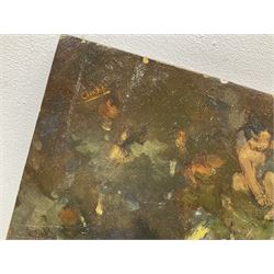 Richard Edward Clarke (British 1878-1954): 'The Haunted Orchard', oil on panel signed, original title label with artist's Scarborough address verso 35cm x 51cm (unframed) 
Notes: Clarke, born in Scarborough, studied under Albert Strange at the Art School where later he became acting Headmaster, also teaching at Pickering Grammar School.