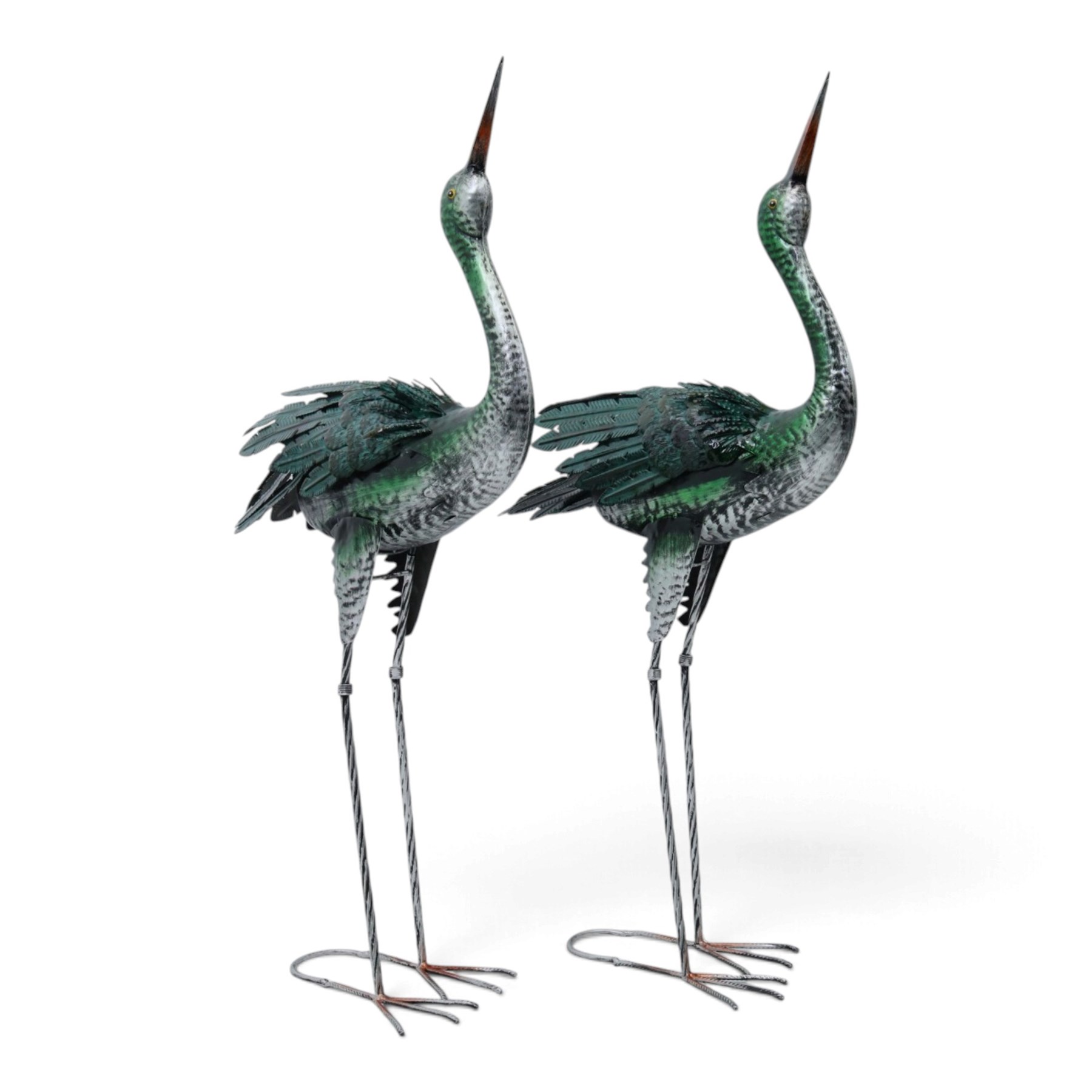 Pair of metal herons, in green and silver tones, with heads raised, H94cm