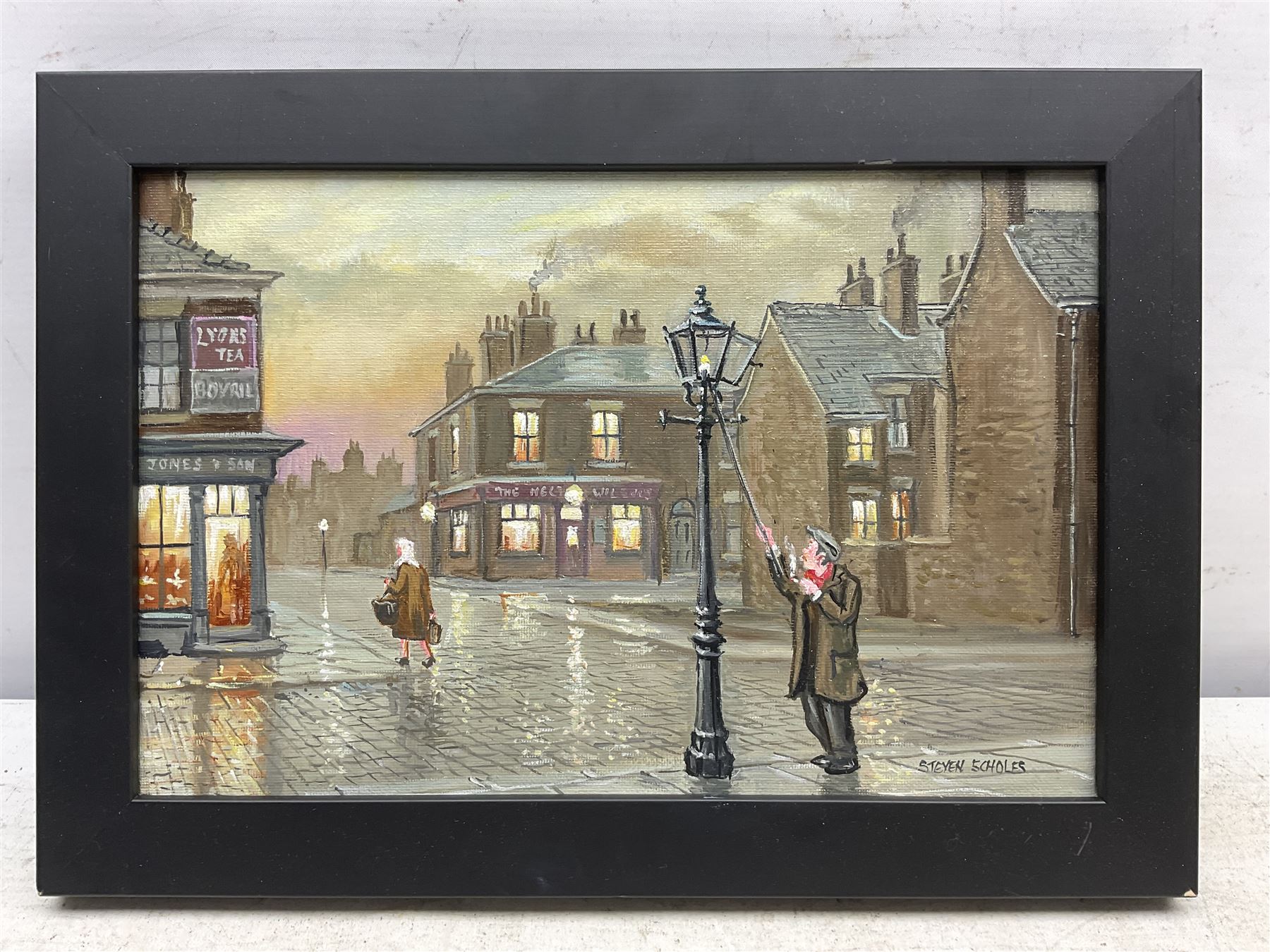 Steven Scholes (Northern British 1952-): 'Lamplighter at All Saint's -Manchester 1953', oil on canvas signed, titled verso 19cm x 29cm