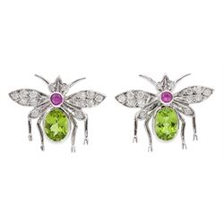 Pair of 18ct white gold round brilliant cut diamond, cabochon ruby and oval peridot insect stud earrings