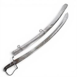 British 1796 pattern, light cavalry officers' saber, by Wooley, Deakin, Dutton of Birmingham, the 80cm single edge curved blade retaining traces of original blue and gilding which bears the coat of arms of George III and military trophies, the steel stirrup hilt with leather bound grip and original silver triple wire binding, within steel scabbard with twin suspension rings, overall L98cm  