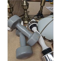 Two pairs of table lamp bases, with two glass shades and two fabric shades, together with a wooden 'Hogwarts' box and dumbbells