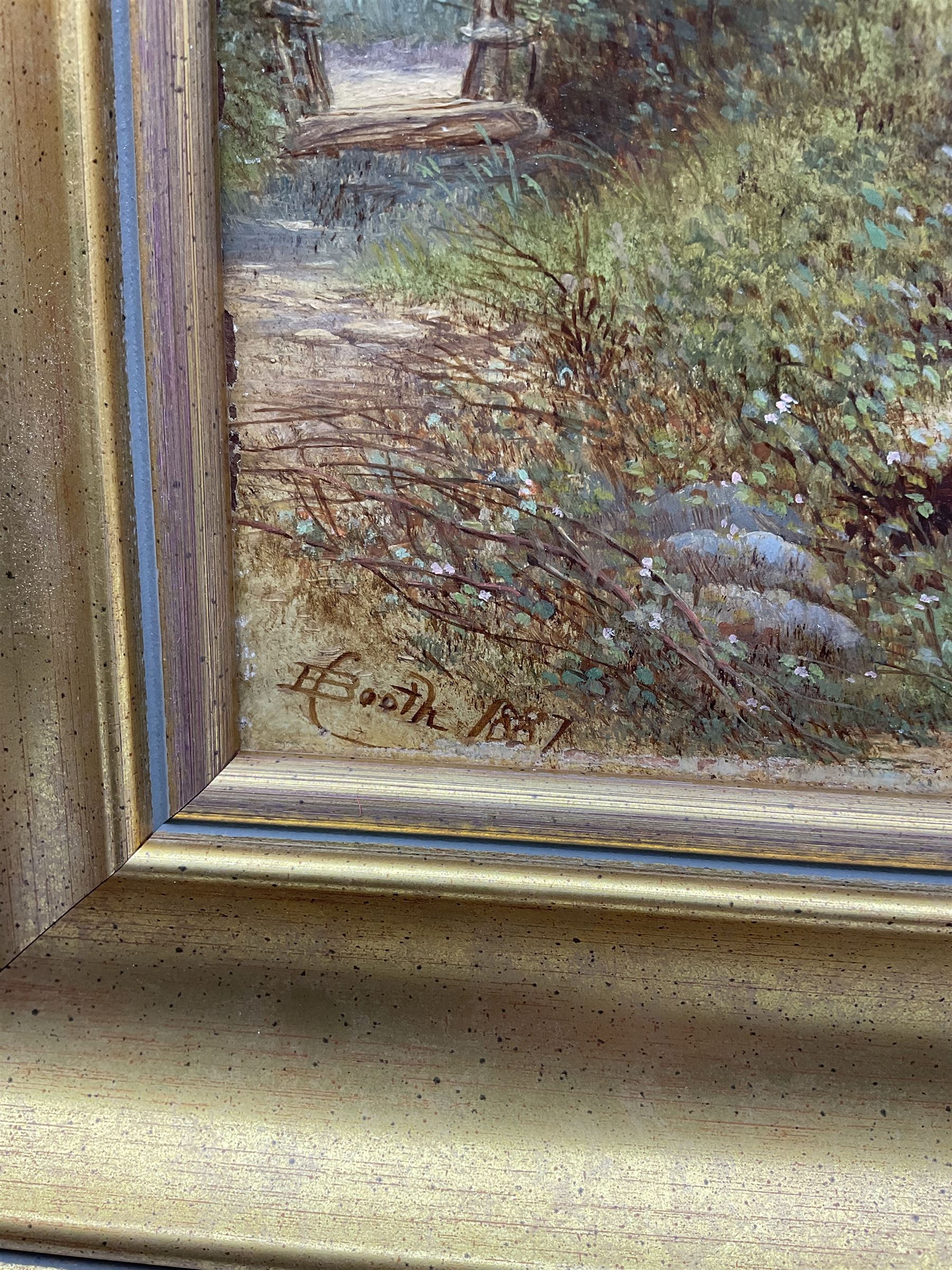 Edward C Booth (British 1821-post1893): 'Beckfoot - Denton Road Ilkley', oil on board signed and dated 1887, titled on label verso 25cm x 17cm