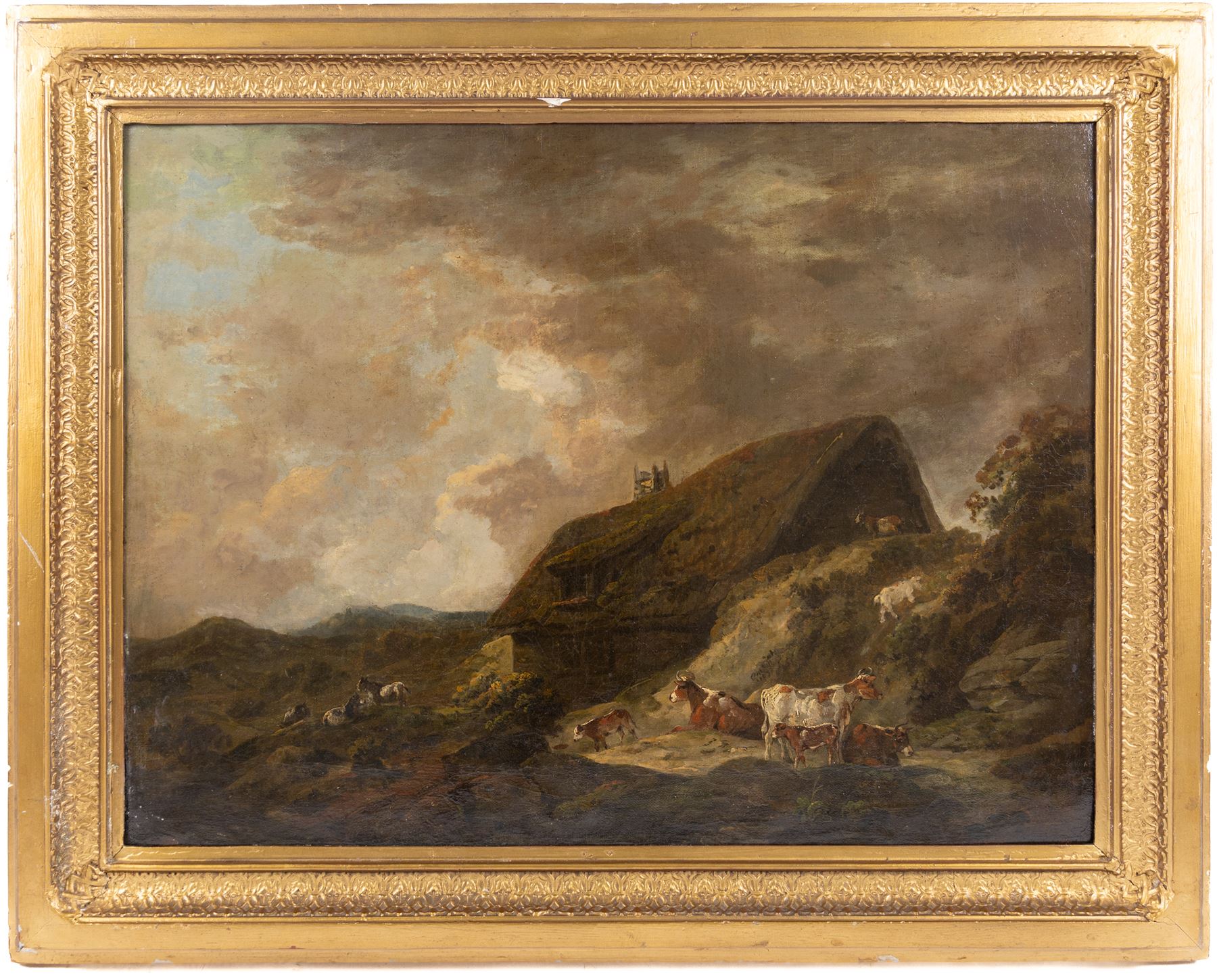 Manner of Thomas Hand (British fl.1790-1804): Thatched Farmhouse and Cattle, oil on canvas unsigned 45cm x 60cm 