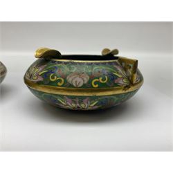 20th century Chinese cloisonne enamel smoking set, comprising two ashtrays, box and tray, with floral and foliate scrolling on green ground