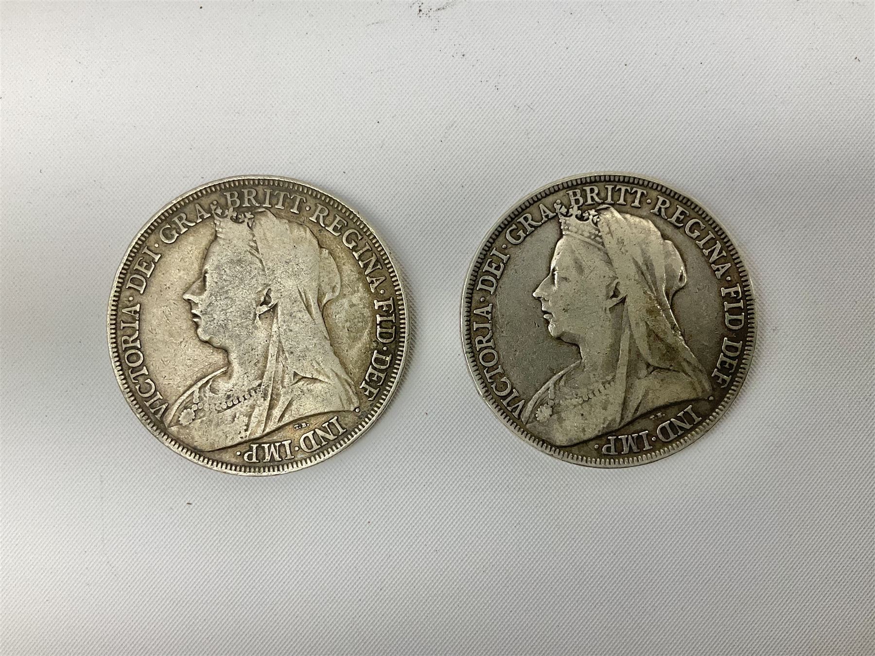 Two Victorian silver Crowns, 1896 and 1898, approximate weight 56 grams