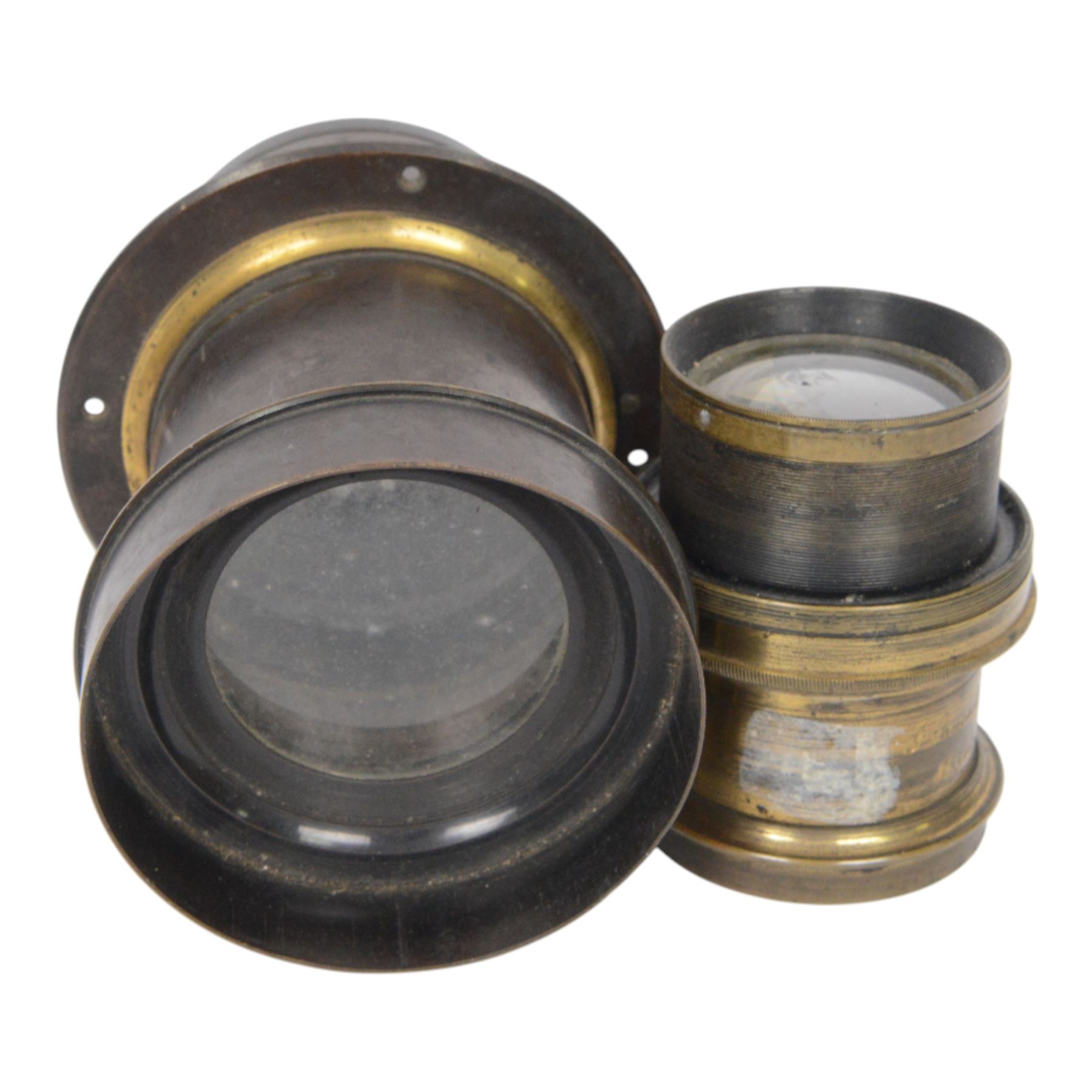Seven 19th century and later brass camera lenses, including J. Lancaster & Son Rectigraph lens, Watson & Sons 8 1/2 x 6 1/2 lens, Dallmeyer lens and Wray London 5 x 4 lens