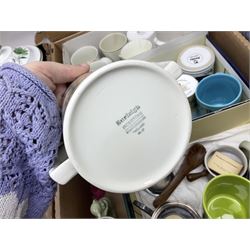 Large collection of ceramics to include God Speed the Plough loving cup, Denby, Coalport, Portmeirion, quantity of mugs etc in four boxes