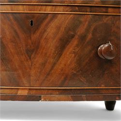 19th century mahogany chest of drawers, bow fronted form with two short over three long drawers, each veneered in matched flame mahogany, on turned feet