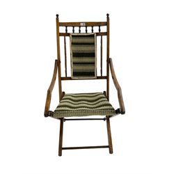 Early 20th century beech folding campaign chair, upholstered seat and back panel