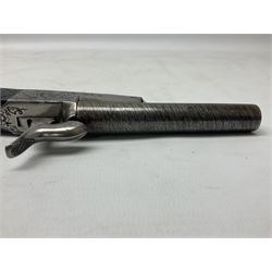 Mid-19th century French Boissy 12mm single barrel pin-fire pistol, the 9.5cm rifled barrel with brown stub twist damascus decoration, side screw under lever opening and English proof marks, retailed by H. Akrill Beverley, chased action with drop-down trigger and carved walnut stock L21cm