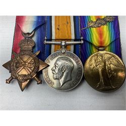 WW1 group of three medals comprising 1914-15 Star awarded to 536 Pte. T. Hall North'd Yeo. and British War Medal and Victory Medal with oak leaves awarded to 2.Lieut. T. Hall; with ribbons; displayed on board for wearing; some biographical details