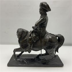 Bronze figure of a horse and rider on a rectangular base, H37cm 