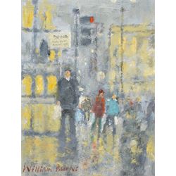 William Burns (Northern British 1923-2010): 'Street Scene - Rain', oil on board signed, titled verso 24cm x 19cm
Provenance: Direct from the family of the artist.
Notes: Born in Sheffield in 1923, William Burns RIBA FSAI FRSA studied at the Sheffield College of Art before the outbreak of the Second World War, during which he helped illustrate the official War Diaries for the North Africa Campaign, and was elected a member of the Armed Forces Art Society. On his return, he studied architecture at Sheffield University and later ran his own successful practice, being a member of the Royal Institute of British Architects. However, painting had always been his self-confessed 'first love', and in the 1970s he gave up architecture to become a full-time artist, having his first one-man exhibition in 1979.