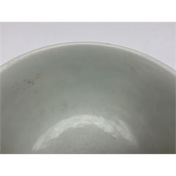 Pair of Chinese famille jaune bowls, decorated in green enamel with a dragon chasing a flaming pearl amongst clouds, upon a yellow ground, the interior decorated to centre with dragon, with six character mark beneath, D17.5cm