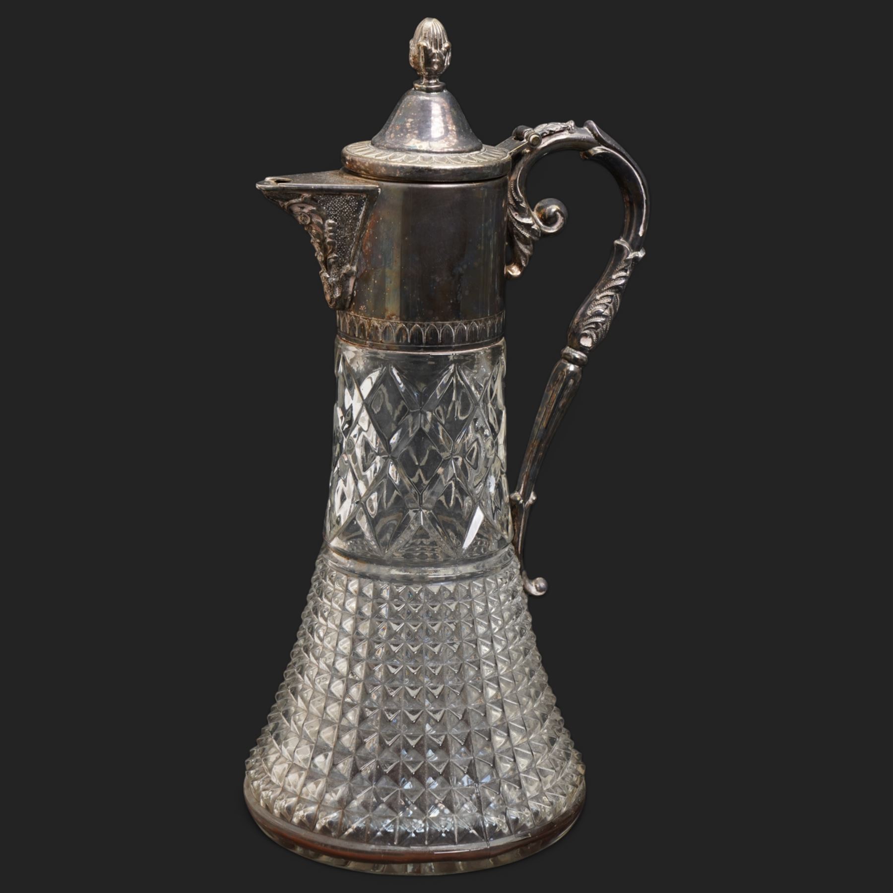 Six crystal decanters, four with silver labels and one with silver plated mount, and one etched glass dinner bell, tallest H30cm 