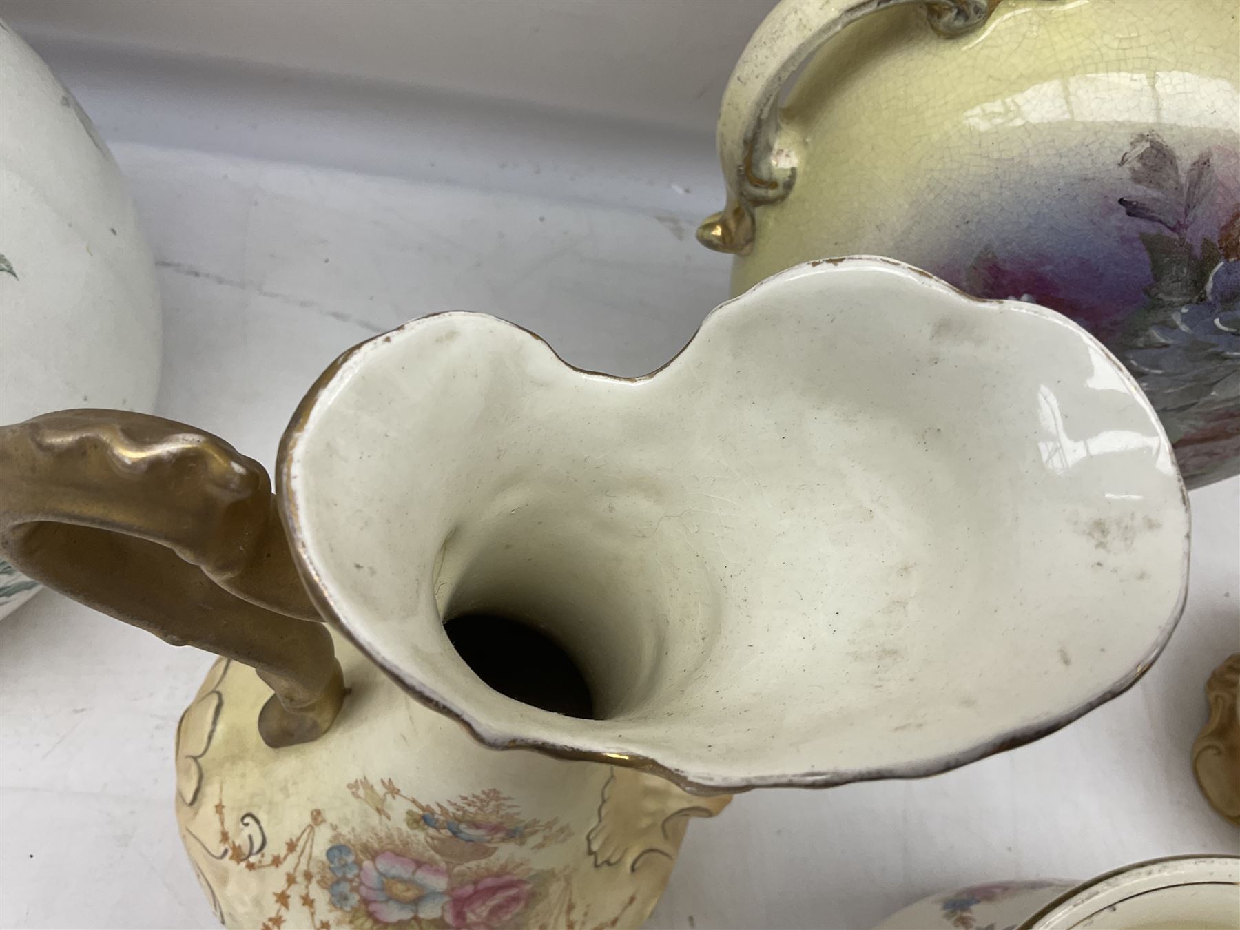 Fieldings Crown Devon Windsor pattern wash jug and bowl, together with two blush ivory ewers and other Victorian ceramics to include twin handled vase of flattened form and jug, tallest H36cm