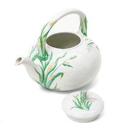 Victorian Copeland part tea service, painted in a Spring pattern with hay and flowers, comprising nine teacups and eleven saucers, teapot, milk jug, two large serving plates and three smaller and twelve side plates