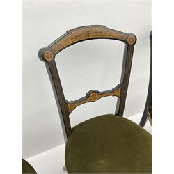 Set three late Victorian salon side chairs, ebonised frames inlaid with amboyna wood, with applied brass beading, turned and fluted supports with gilt detail