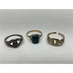 9ct gold bloodstone ring, one other 9ct gold ring and a collection of costume jewellery including brooches, rings, etc