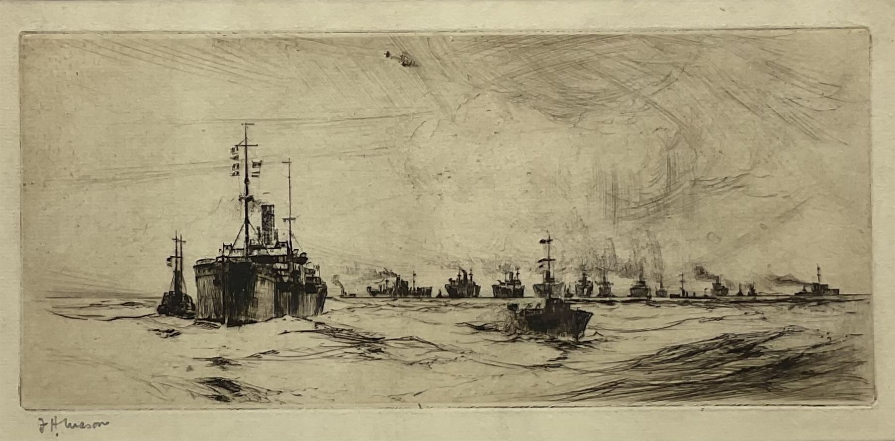 Frank Henry Mason (Staithes Group 1875-1965): 'The Disperse 1918', dry point etching signed in pencil, limited edition of 100 Fine Art Trade Guild No.1, 12cm x 24cm