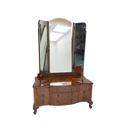 Early to mid-20th century burr walnut low dressing table, serpentine front fitted with nine drawers, raised on cabriole supports, with triple mirror back