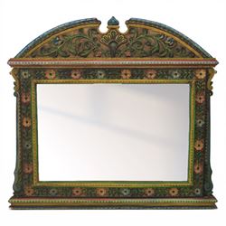 Late 20th century Venetian style polychrome carved wall mirror, arched cresting with centr...