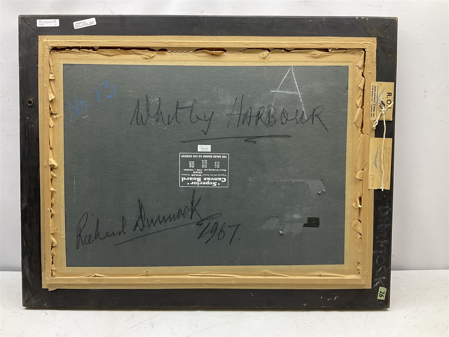 Richard Dimock (British 20th century): 'Whitby Harbour', oil on board, signed titled and dated 1967 verso 54cm x 75cm