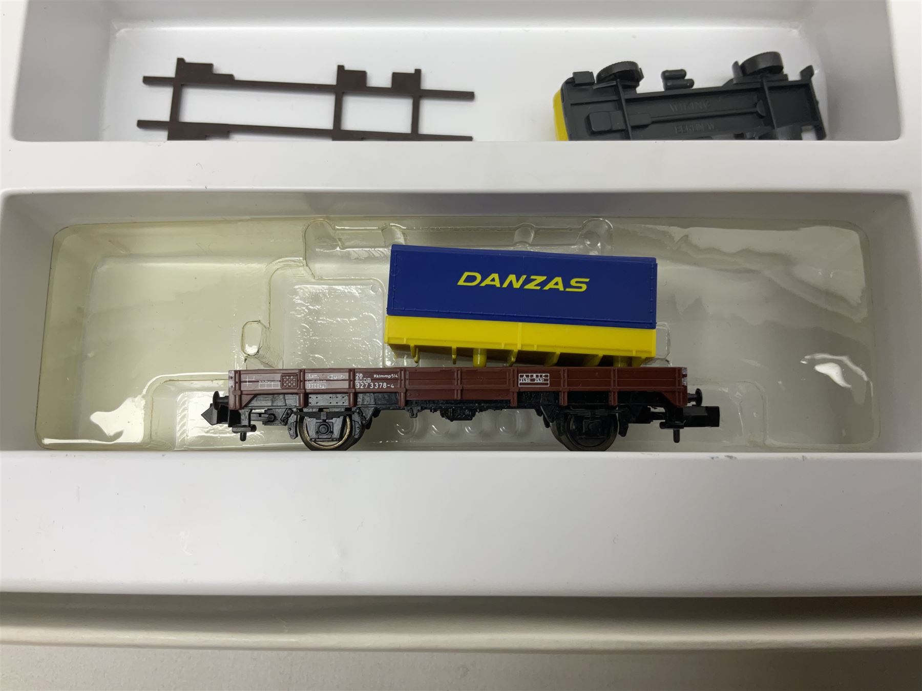 Trix Minitrix 'N' gauge - No.12363 'LINT' Diesel Powered Rail Car 'bendy' train; boxed; and No.11411 DB Zugset 'Danzas' goods set; boxed (2)