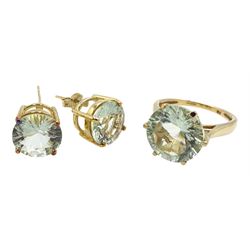 9ct gold round green amethyst ring and pair of matching 9ct gold earrings, hallmarked