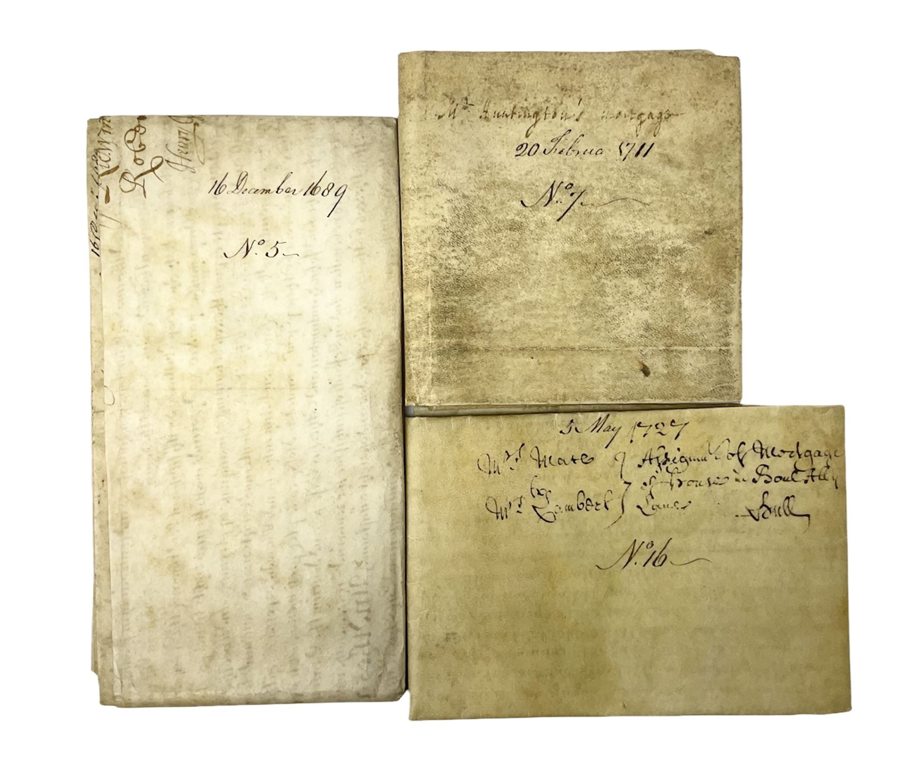 Three 17th/18th century manuscript deeds on vellum relating to properties in Bowling Alley Lane, Hull - one dated 16/12/1689 with seal 44 x 65cm; mortgage dated 20/2/1711 56 x 74cm; and assignment of mortgage dated 5/5/1727 with seal; all folded (3)