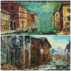 G Pignieri (Italian 20th century): Venetian Landscape, oil on board signed; Antonio (Italian 20th century): Canal Landscape with Gondoliers, oil on board signed, framed as pair 10cm x 20cm (2)