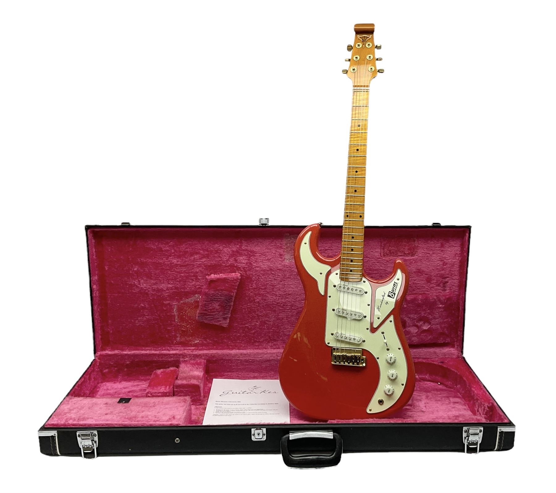 Burns Club Series Marquee electric guitar in fiesta red with maple fretboard; serial no.2002491 L100cm; in hard case with GuitarKes service and set-up certificate dated January 2022