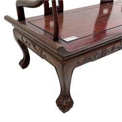 20th century Chinese hardwood two-seat bench, horseshoe arms with scroll carved terminals, two upright back splats with carved and pierced decoration, panelled seat over frieze carved with dragons, on paw carved cabriole feet
