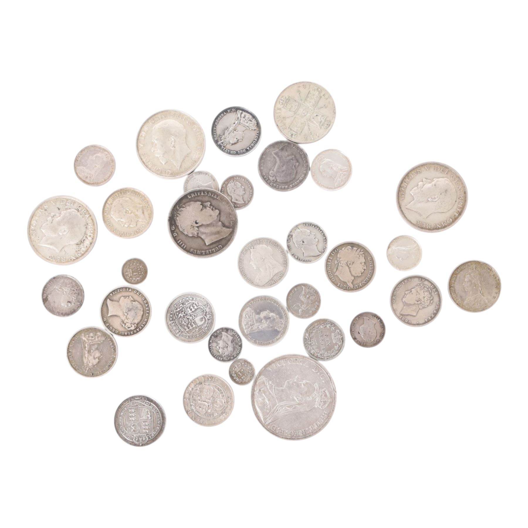 Approximately 191 grams of Great British pre-1920 silver coins, including Queen Victoria 1889 crown, George IIII 1836 half crown, George IV 1826 shilling, two George III shillings 1817 and 1820, George III 1817 sixpence, three George IIII maundy fourpences 1836 (2) and 1837, two Queen Victoria maundy fourpences 1840 and 1845, George III 1835 one and a half pence, Queen Victoria 1843 one and a half pence, etc