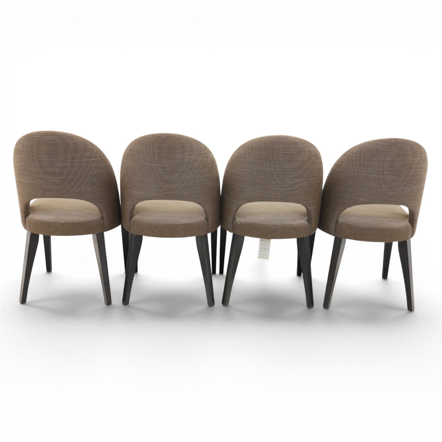 Modern oak extendable table and four chairs, extending top with stowable leaf (Extends to 152cm), chairs with brown upholstery and tapered square legs