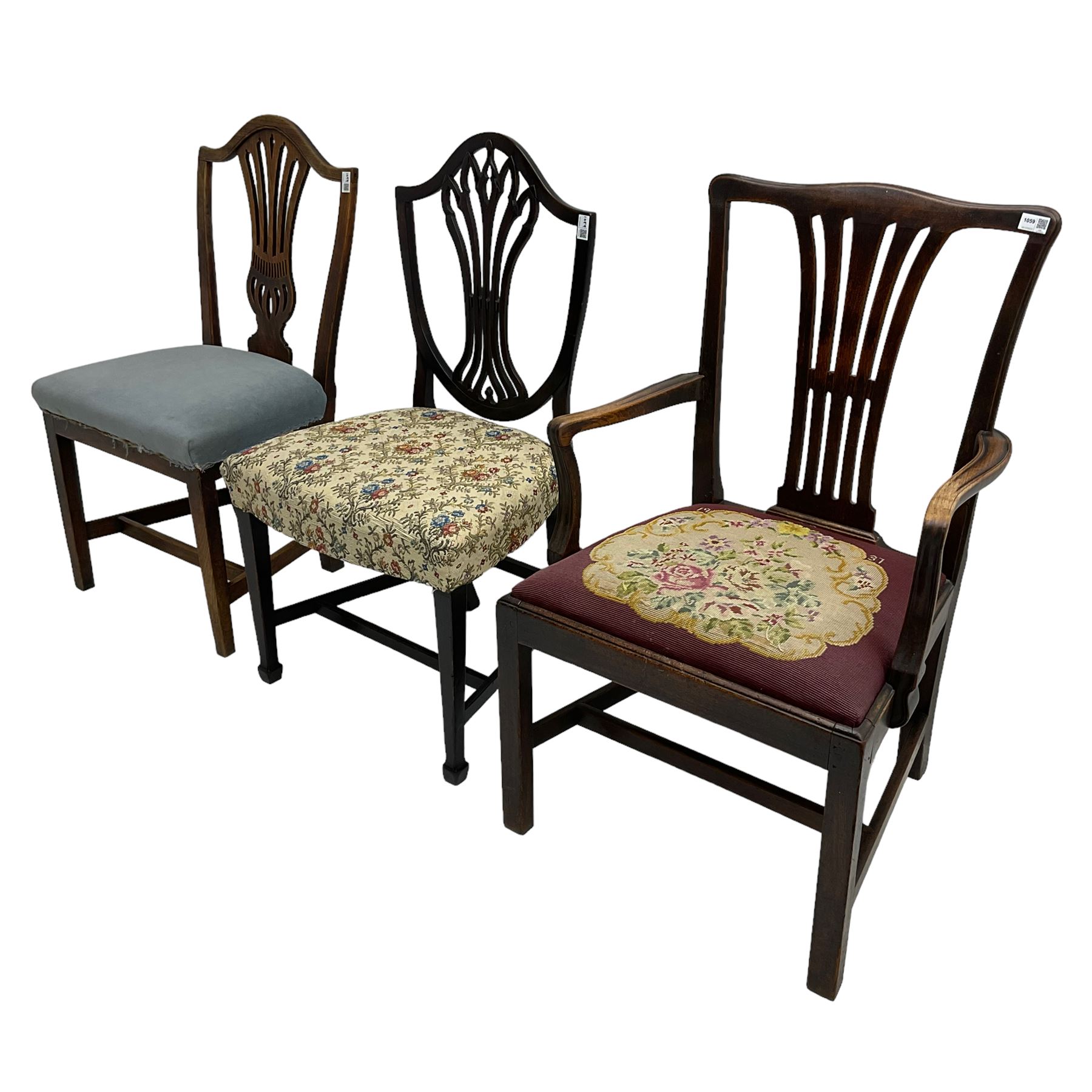 Early 19th century elm side chair, shaped cresting rail over vasiform splat with pierced decoration (W53cm, H96cm); Hepplewhite period mahogany side chair, shield back with pierced splat, on square tapering supports with spade feet (W55cm, H99cm); George III walnut elbow chair, shaped cresting rail and moulded frame, upholstered drop-in seat, on square supports with inner chamfer (W59cm, H95cm) (3)
