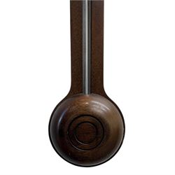 Rapport London -  20th century mercury stick barometer, in a mahogany case with a silver register and an adjustable circular brass recording collar, register indicating barometric air pressure from 27 to 31 inches, with a Fahrenheit spirit thermometer, full length visible cistern tube with a turned wooded cover to the base. 