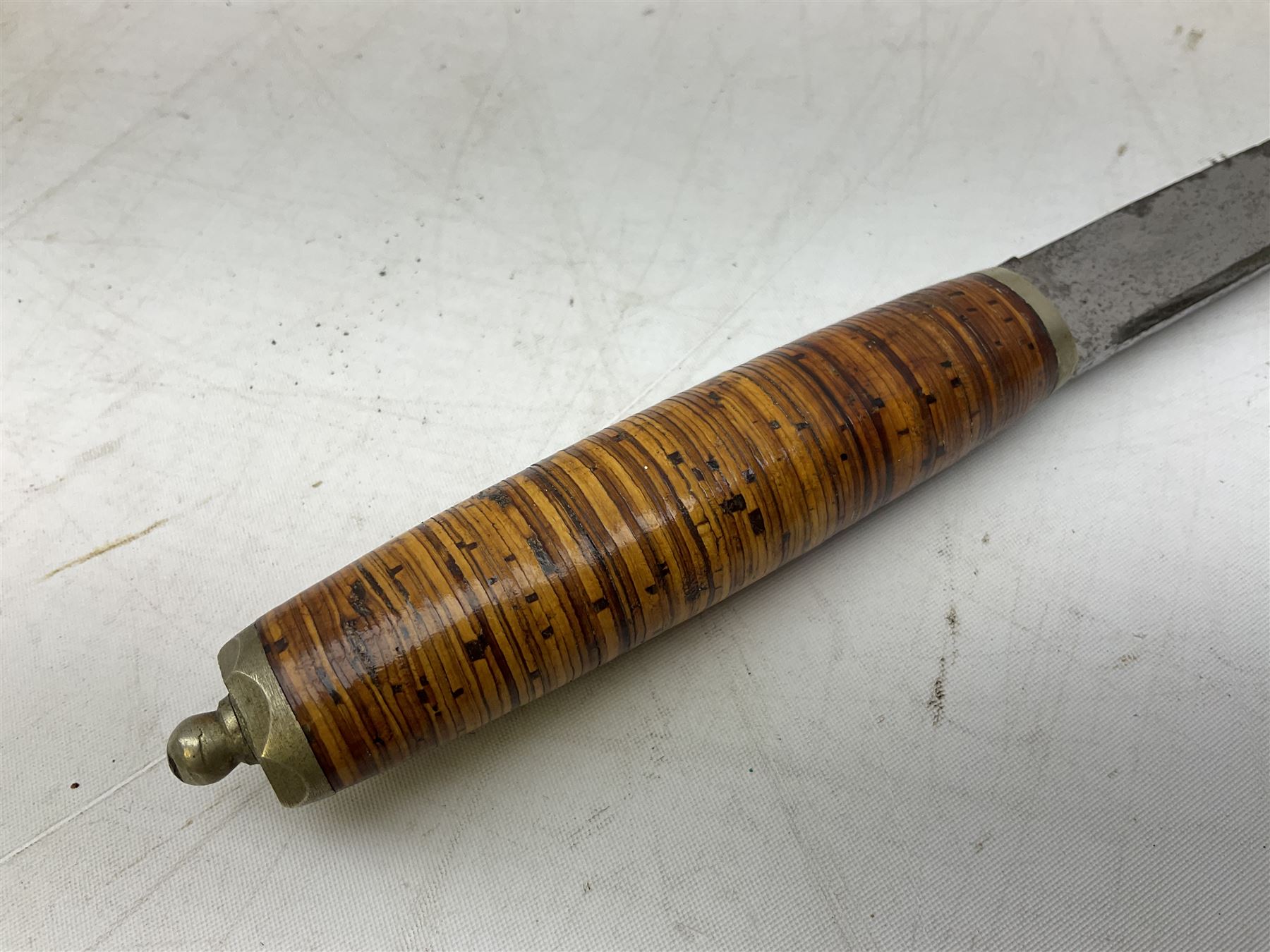 Norwegian staksniv hunting knife with 10cm single-edged steel blade in tooled leather sheath with nickel mounts L23cm overall