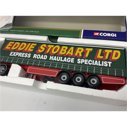 Corgi Eddie Stobart - three lorries; limited edition CC12802 Scania T-Cab Bulk Tipper; limited edition CC13201 DAF XF Super Space Cab Curtainside; and CC13401 MAN TGA Curtainside; all boxed (3)