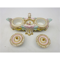  Berlin porcelain ink stand, scroll base, two removable inkwells & floral painted centre, L24.5cm, Dresden hand painted square dish, Helena Wolfsohn style, pair figural candlesticks, Schumann comport & oval bowl both florally decorated with reticulated borders  