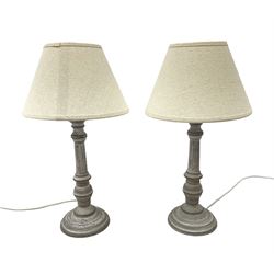 Pair of composite washed wood effect table lamps with natural linen shades