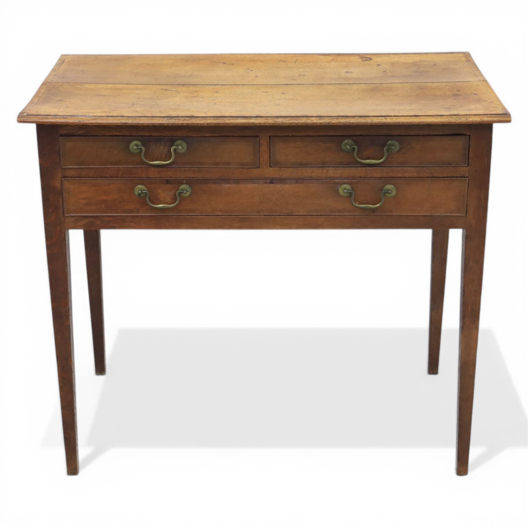 George III oak side table, with rectangular banded top, fitted with two short over three drawers, with brass swan neck handles, raised on square tapering supports