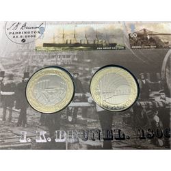 Seven The Royal Mint Royal Mail two pound coin covers, including 1999 'Rugby World Cup', 2003 'DNA Discoveries', 2004 'Classic Locomotives', 2007 '300th Anniversary of the Act of Union' etc