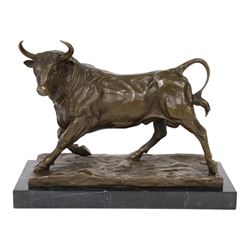 Bronze figure, modelled as a bull, upon naturalistically modelled rectangular base signed Milo and with foundry mark, raised upon black marble base, H27cm L36cm