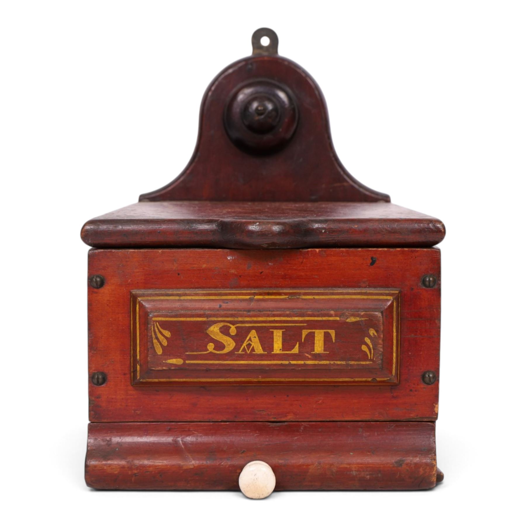 19th century salt box, wall mounted, lift open top, above a single drawer, with ceramic handle, painted plaque to the front, H31cm, D24cm  