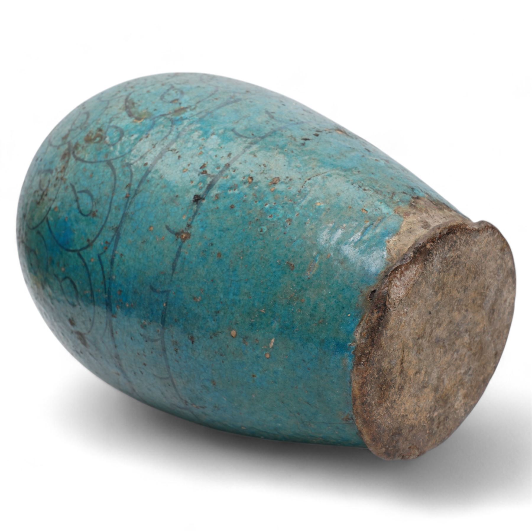 12th to 13th century impressive Persian Kashan fritware or stonepaste pottery storage jar or vase of ovoid form, decorated in dark indigo under a turquoise glaze with a series of horizontal lines and repeating looped shapes to the body, on everted footed base, H39cm
Provenance: this vase was reputedly unearthed in the late 19th century in Egypt by Lord William Amherst (1835-1909), an English diplomat, colonial administrator, antiquarian collector and patron of excavations in Egypt. Lord Amherst is best known for his close association with Howard Carter, the archaeologist who later uncovered the tomb of Tutankhamun. The Kashan vase was then passed down through direct family descent via Amherst's daughter, Geraldine, to the current vendor.