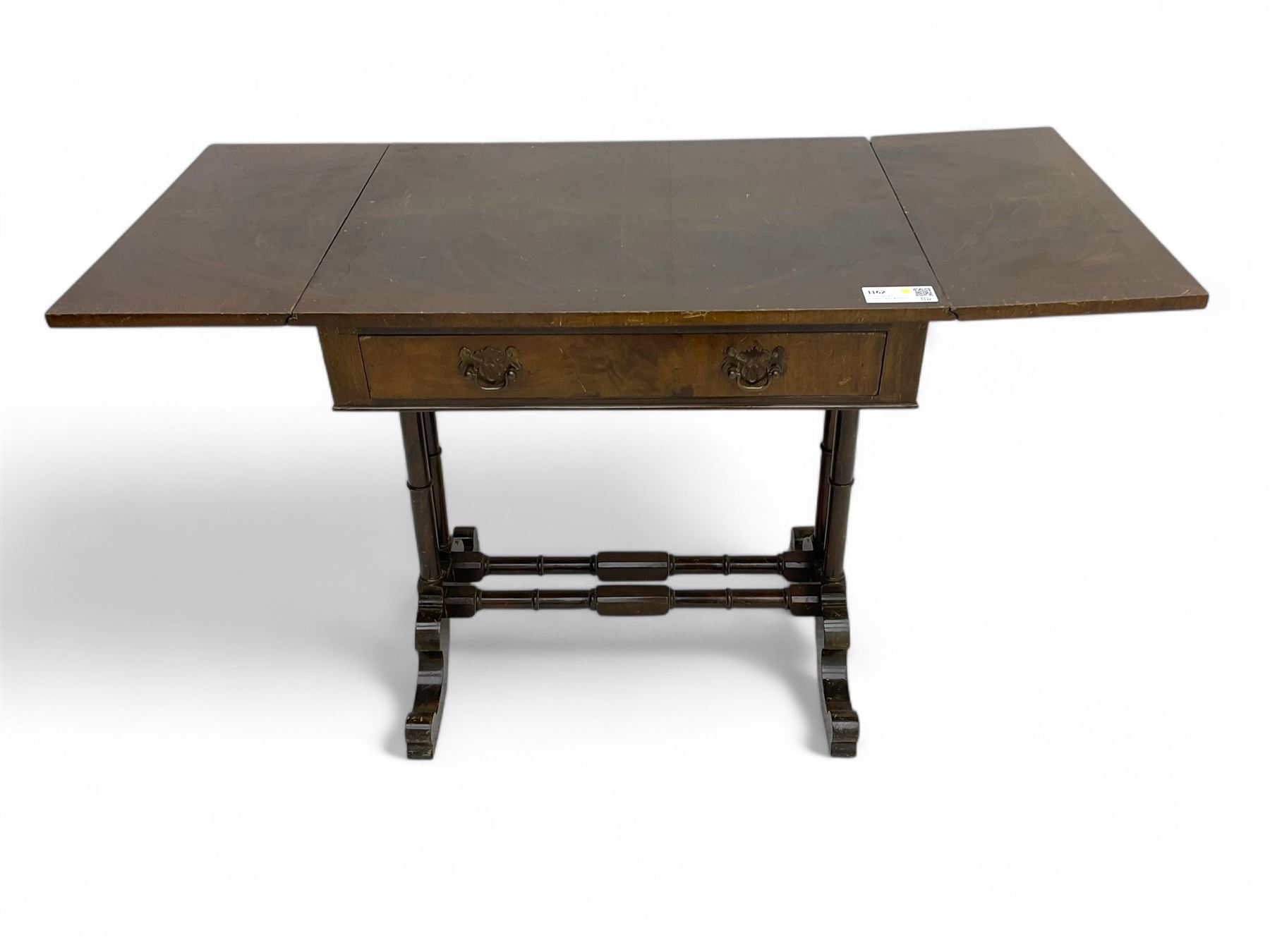 Small Victorian drop-leaf occasional table, rectangular top with drop sides and single frieze drawer, on turned supports and scrolled feet joined by twin stretchers